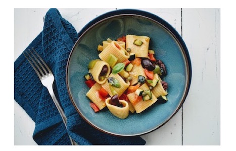 Veggie Pasta with Peppers Zucchini Tomatoes Cappers Olives